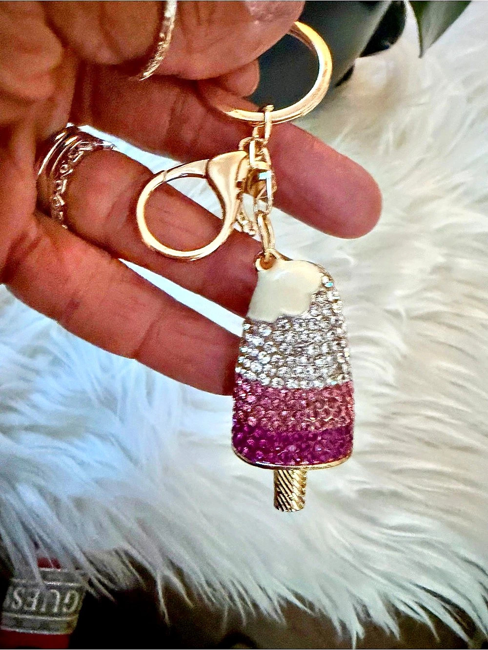 Rhinestone Lipstick Keychain in Gold & Pink Like New